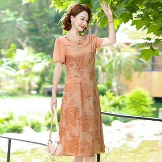 

2026 Chinese National Style Chiffon Dress: Elegant Floral Print Summer Dress for Middle-aged Women 5XL помаранчевий