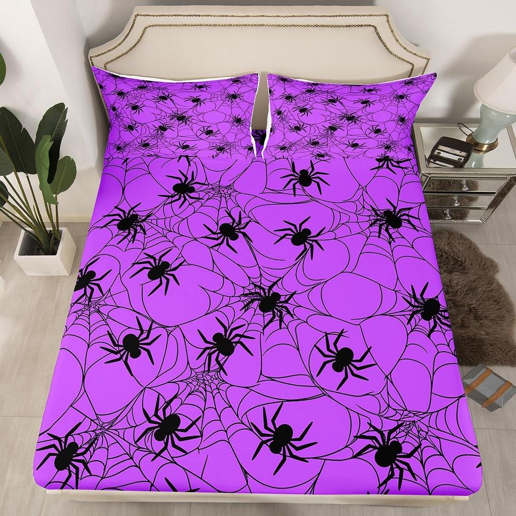 Gothic Spooky Bedding Set Pumpkin Lantern Cute Halloween Bed Sheets for Kids Boys Teens,Ghost Spiderwebs Fitted Sheet Black Cat Cobwebs Bats