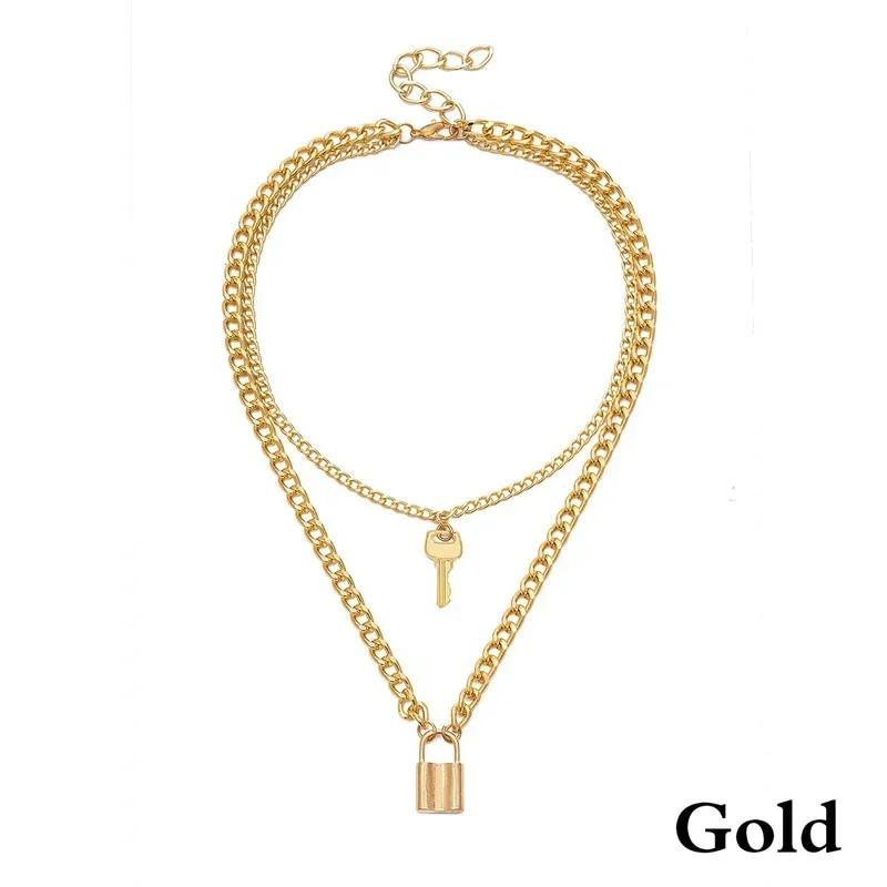Multi Layered Minimalist Personalized Retro Key Lock Pendant Necklace Punk Metal Jewelry Accessories for Women