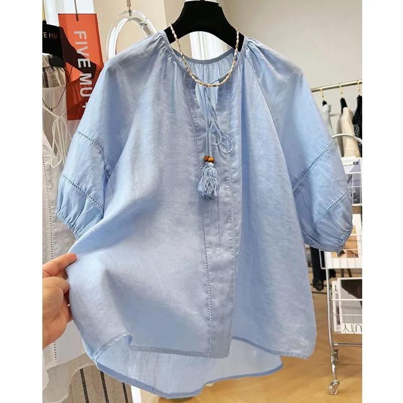 Летний женский элегантный хлопковый топ однотонный с собранным воротником M синий