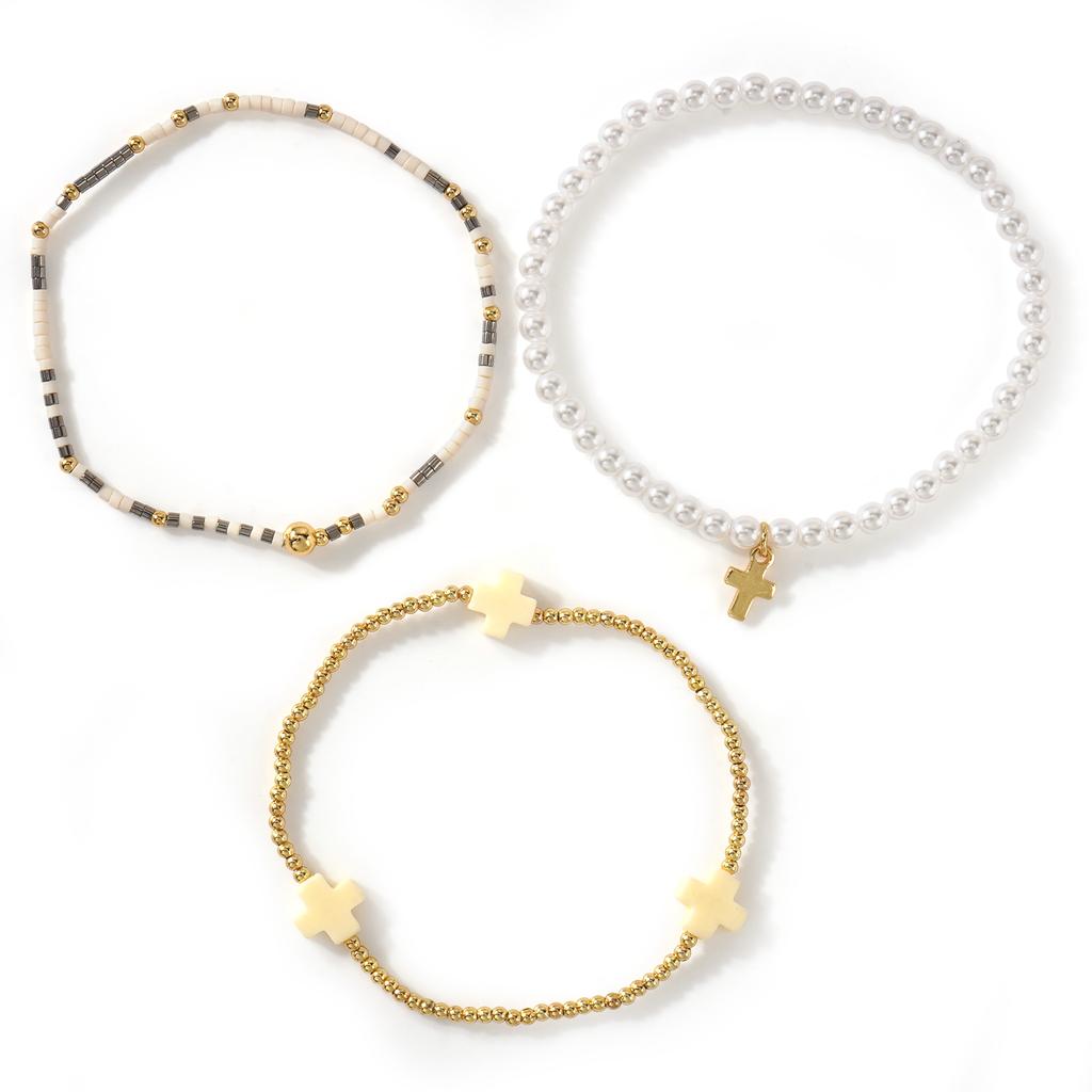 Go2boho 3Pcs Cross Beaded Bracelets for Women, Pearl Look Colorful Stackable Stretch Bracelet Set Boho Jewelry Gifts