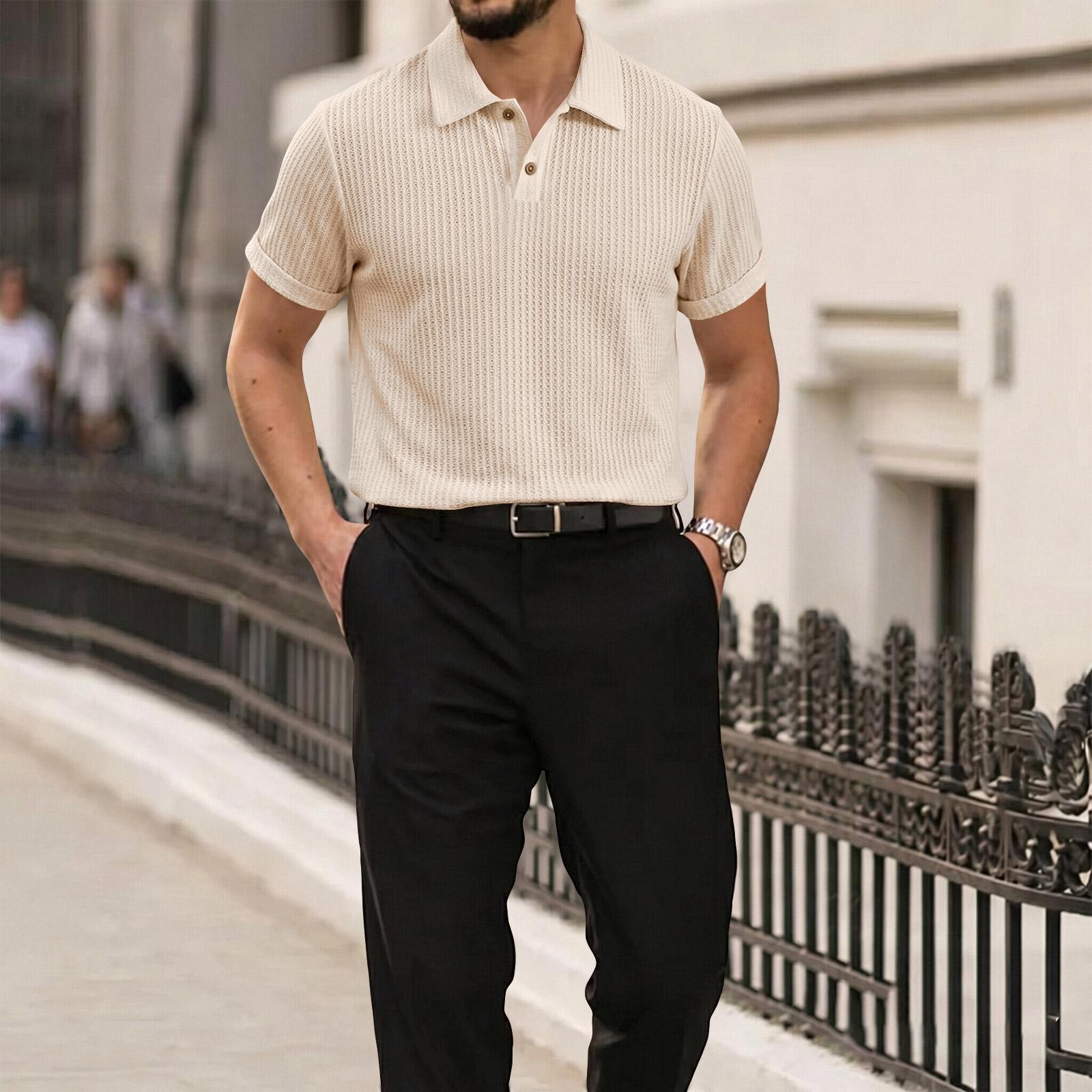 Men s Summer Short Sleeve Polo Shirt Textured Knit Diamond Pattern Casual Button Down Collar Lightweight Breathable Fabric S бежевый