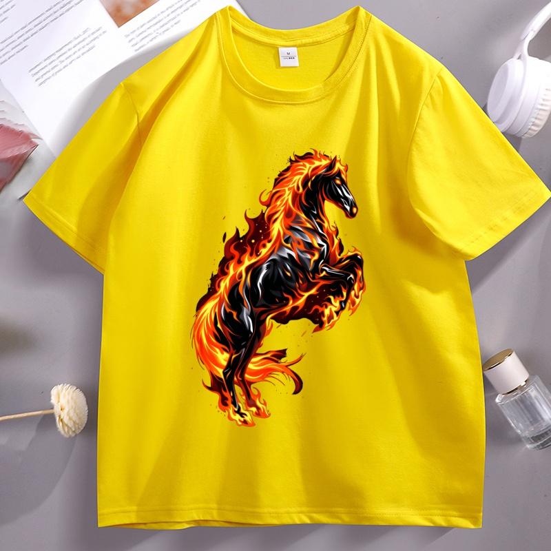 Fire Horse Graphic T Shirts Flaming Printed Tshirt Unisex Unisex Cotton Short Sleeve Round Neck Tshirt Comfortable Streetwear