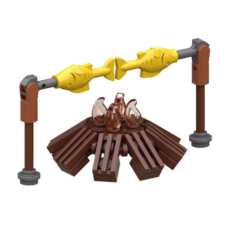 MOC Creativity Medieval Viking Tanning Rack Campfire Fish Model Construction Bricks Children Playthings ideal for Kids Children Gifts
