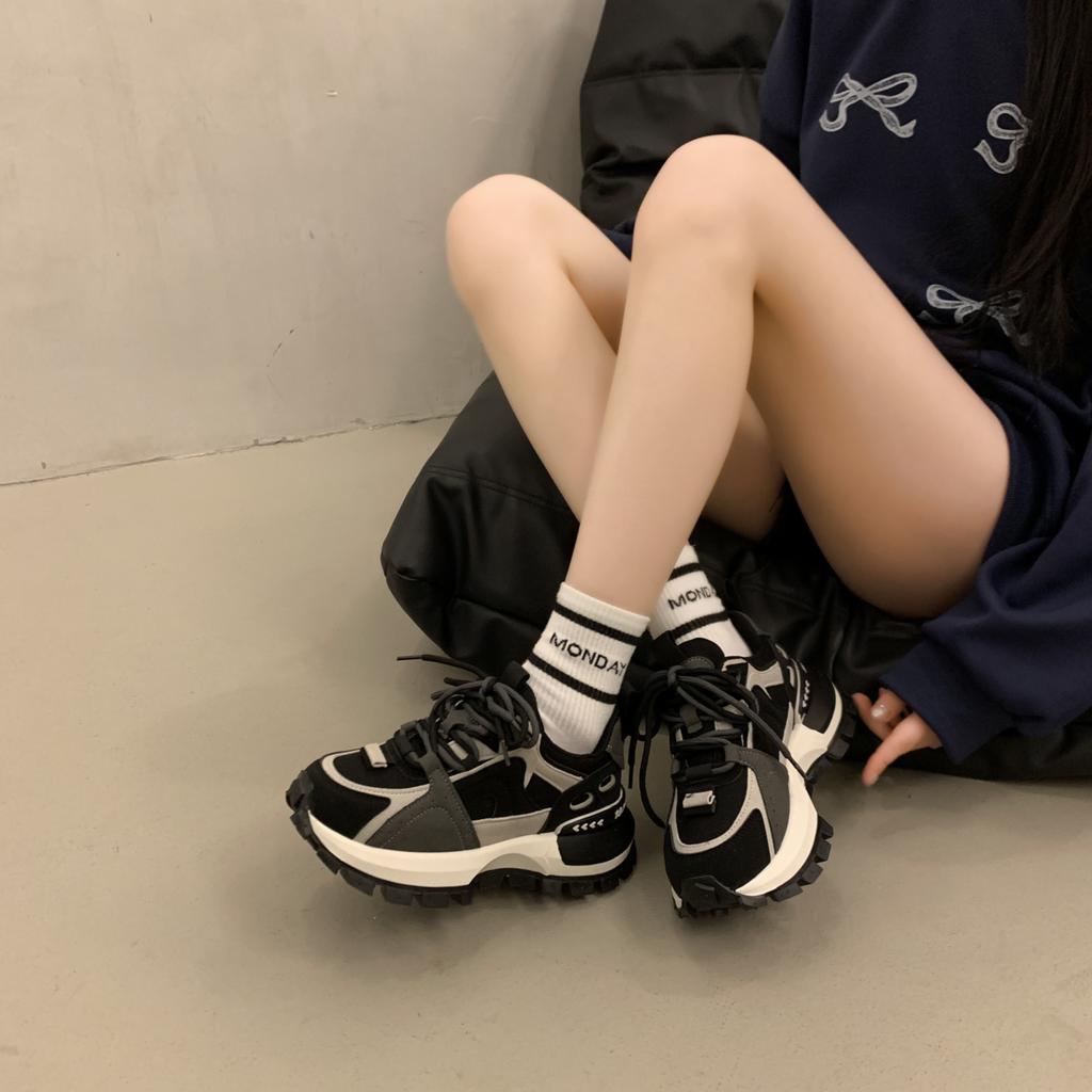 Fashion Women's Casual Shoes Medium Heel Thick-soled Two-color Shoelaces Lace-up Anti-Slip Sole Sports Leisure Trend Zapatillas De Mujer