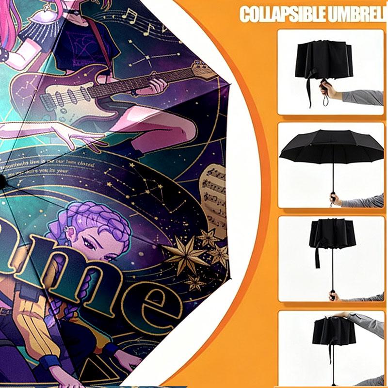 Custom Name Personalized Kpop Demon Hunter Print Umbrella, Auto Open Close, 8‑Rib Sturdy Frame, Commute Camping Hiking Use, Birthday Gift