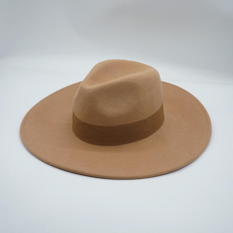 Maillard Style Autumn And Winter Brown Camel British Retro European And American Wool Woolen Men'S And Women'S Big Brim Wide Brim Jazz Top Hat