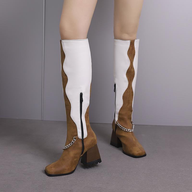 Hochwertige Lederstiefel für Damen Mode Dicke Hohe Absätze Kette Reißverschluss Kniehohe Stiefel Rutschfest Gemütliches Filzfutter Damenstiefel