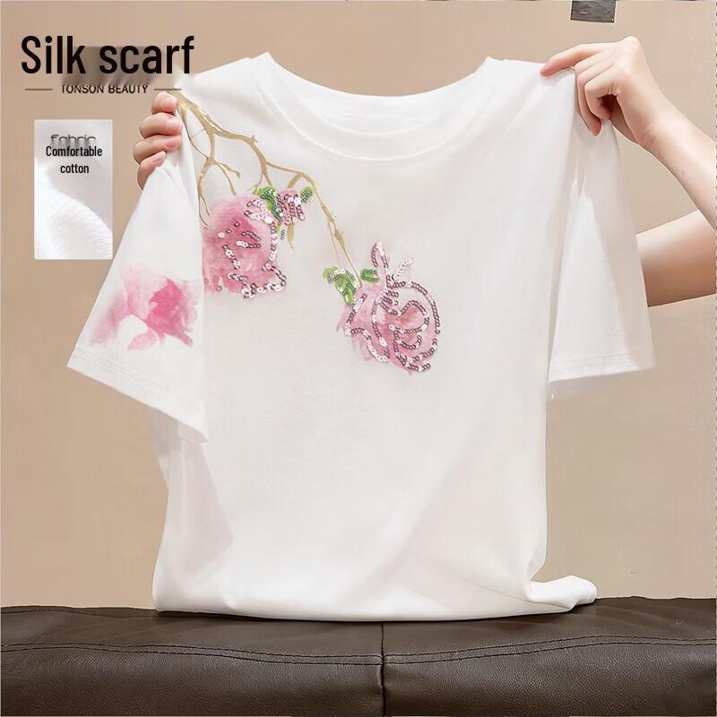 Sibaishi Women s Sequin Floral Round Neck Short Sleeve T-Shirt S