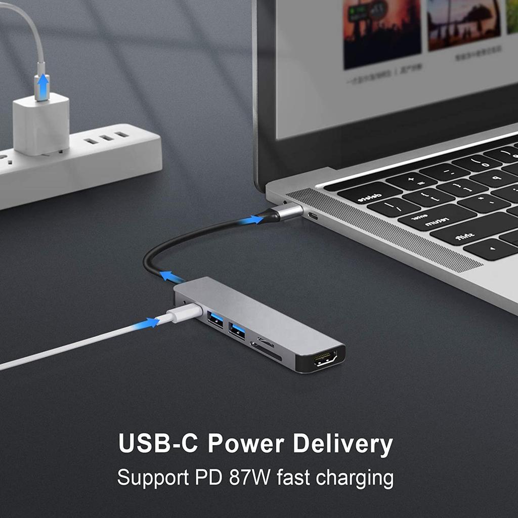 Hub USB Type C 6 en 1 4K HDMI avec 2 ports USB-A, Charge PD et Lecteur de carte TF / SD pour MacBook Pro, iPad Pro et Plus