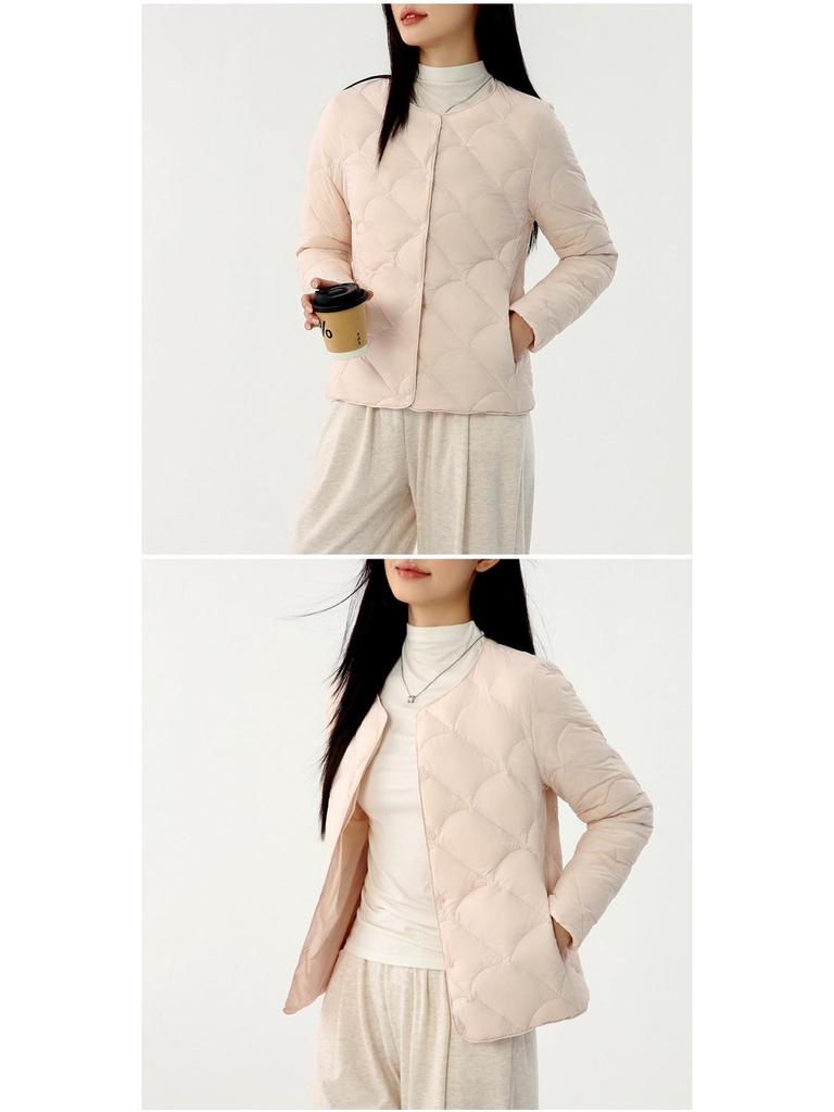Women's Lightweight Round Neck Down Jacket – Fashionable Plus Size Thin Style with 90% Duck Down Filling.