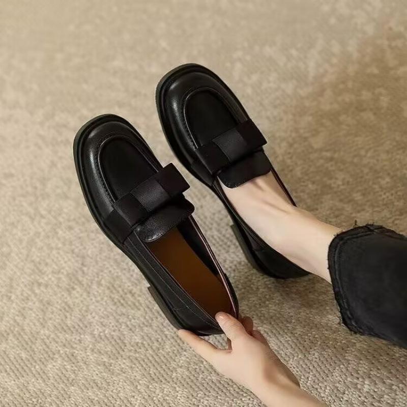 2025 весна и осень новые французские маленькие кожаные туфли женские британские ретро-лоферы с квадратным носком бантовые туфли Мэри Джейн 40 чёрный 6759₽