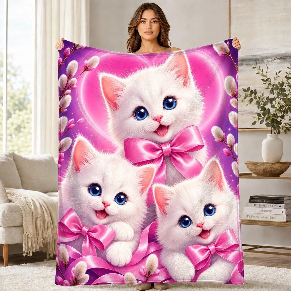 White Kitten Trio Pink Bows Coral Fleece Blanket Cute Cat Decor