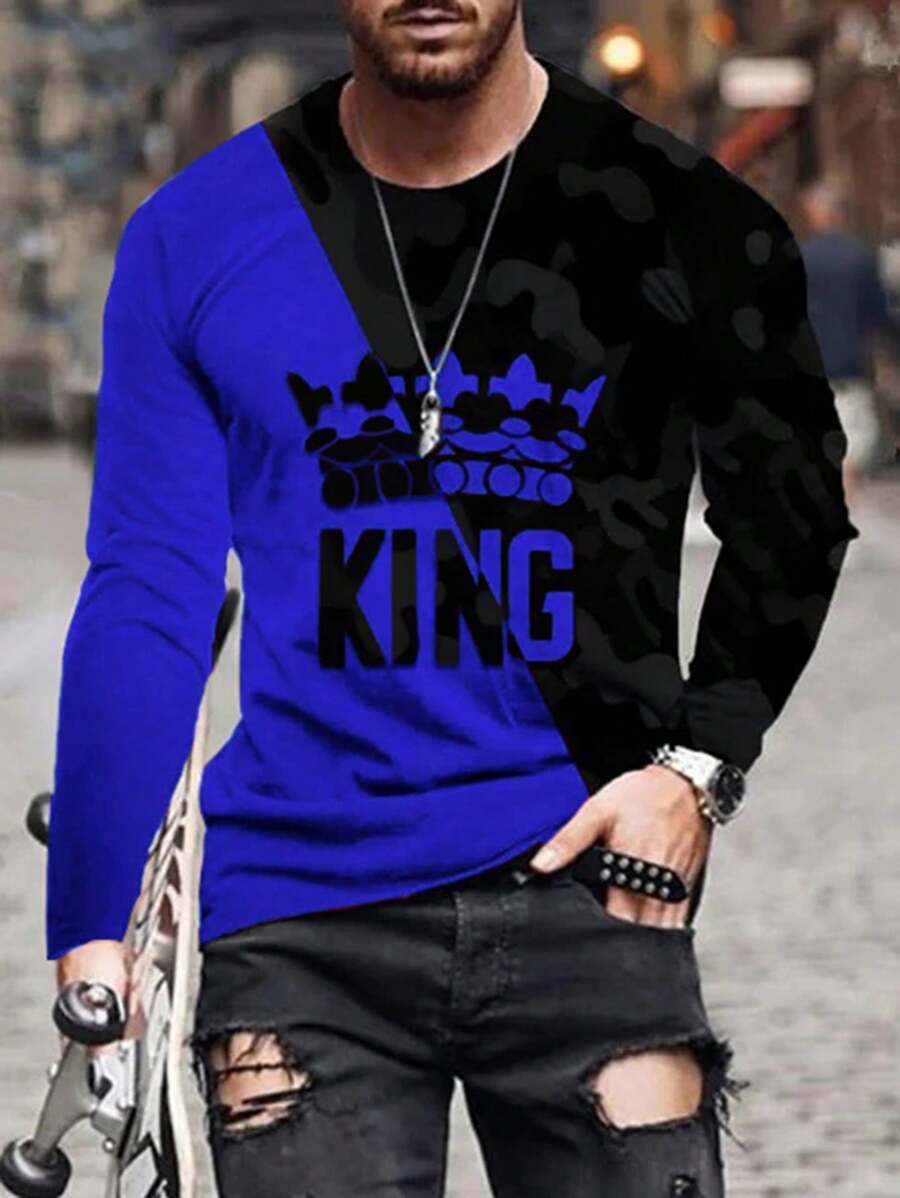 Men s Casual Crown & Letter Print Colorblock Long Sleeve T-Shirt, Spring/Autumn, For Fall S
