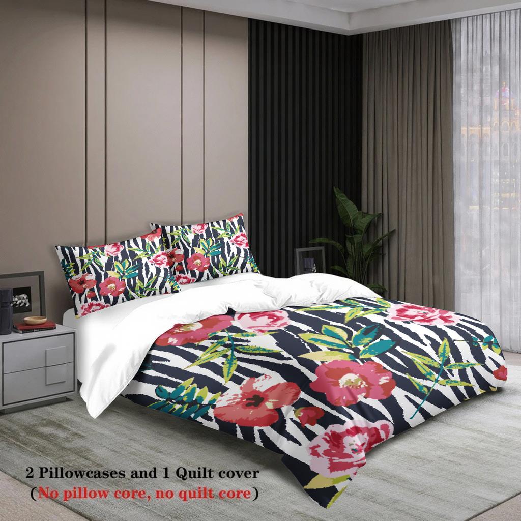 3pcs Floral Zebra Stripe Bedding Sets Modern Style Watercolor Printed Soft Twin Queen King Size Duvet Cover With 2 Pillowcases