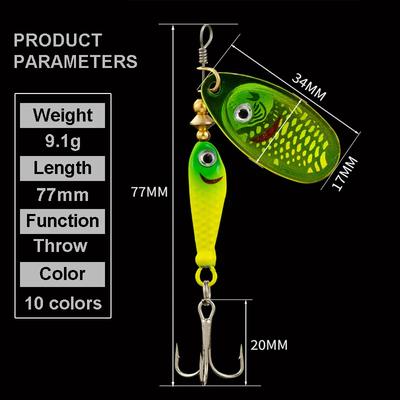 Rotating Fishing Lures Metal Spinner 9.1g 77mm Rotating Lifelike Artificial Hard Baits Crap Bass Pike Treble Hook Fishing Tackle