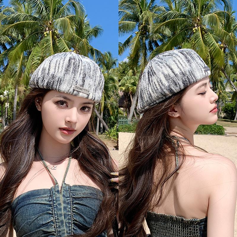 Summer Hat Female Retro Striped Painter Hat Showing Face Small Fashion Versatile Forward Hat High Sense Duck Tongue Beret