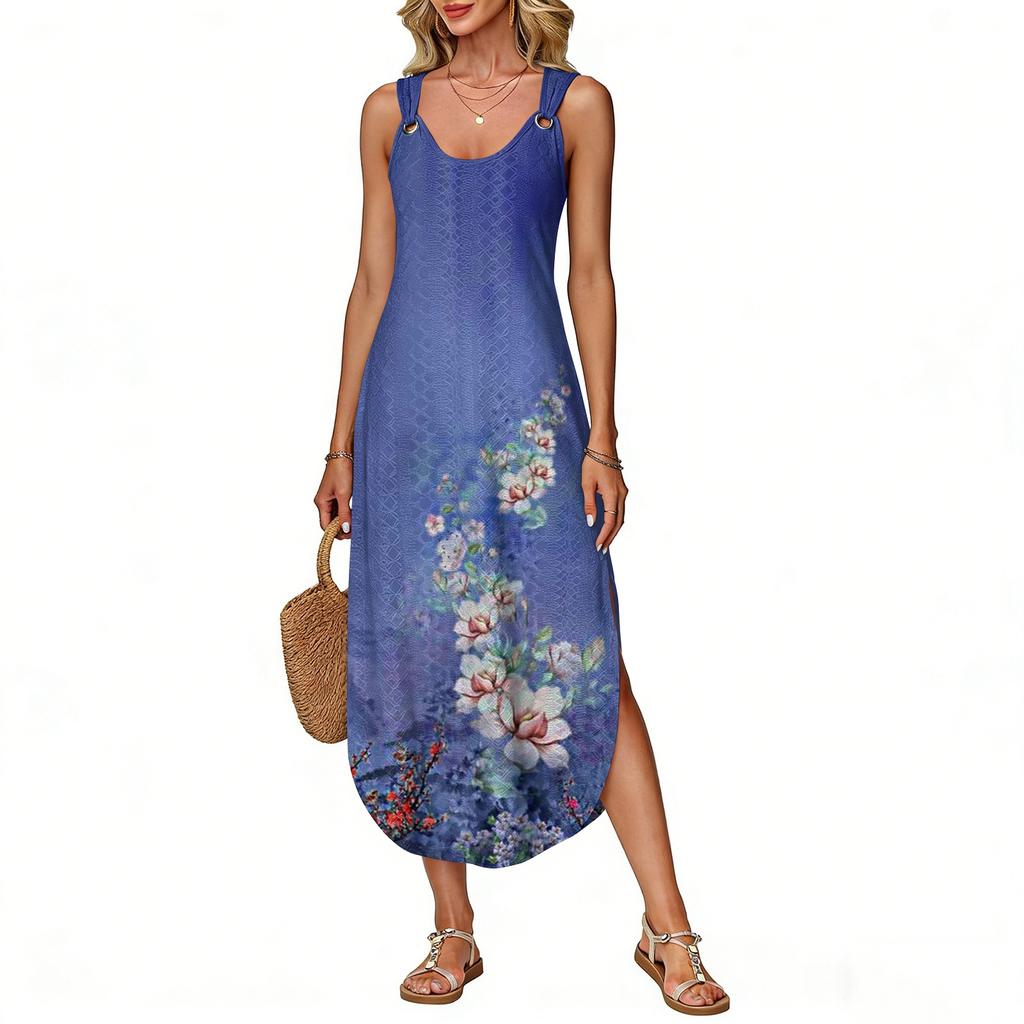 Women's summer long dress, sleeveless with side slits, long retro printed camisole dress