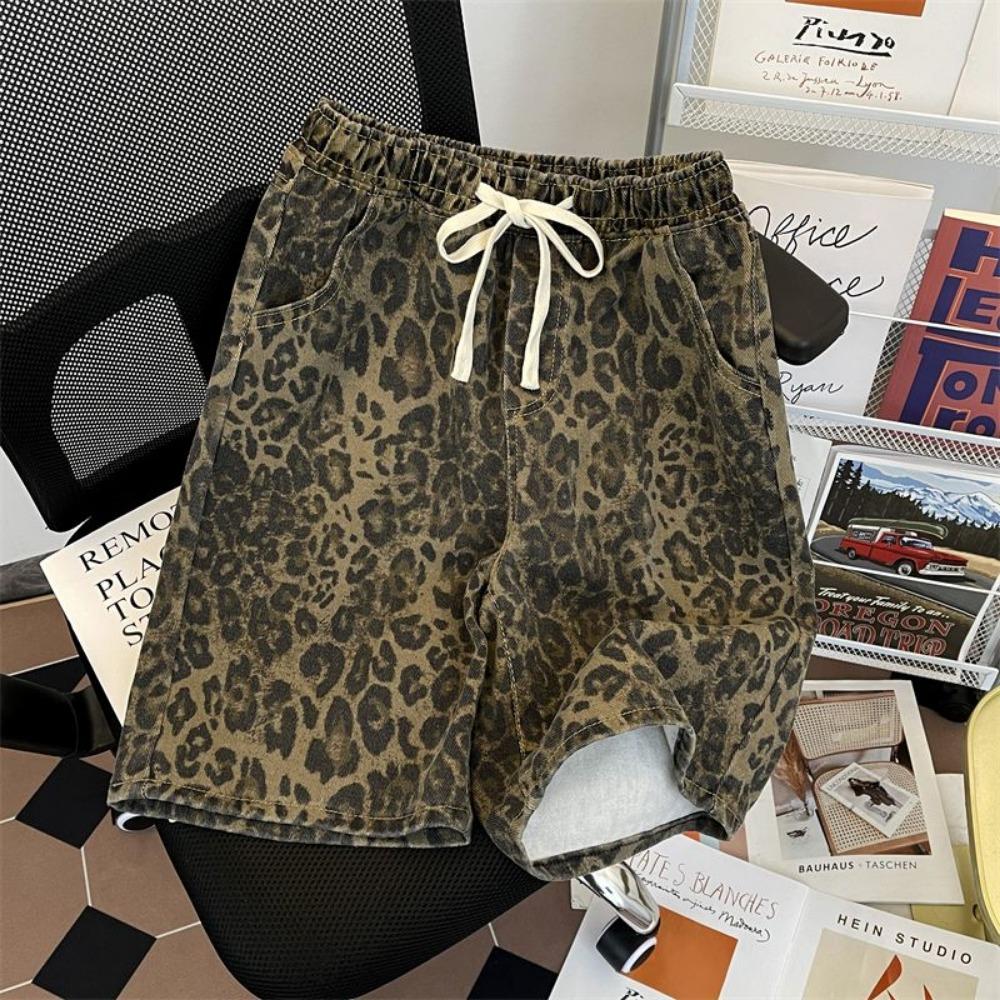 American Retro Leopard Print Denim Shorts Men's High Street Niche Loose Design Five-point Mid-pants