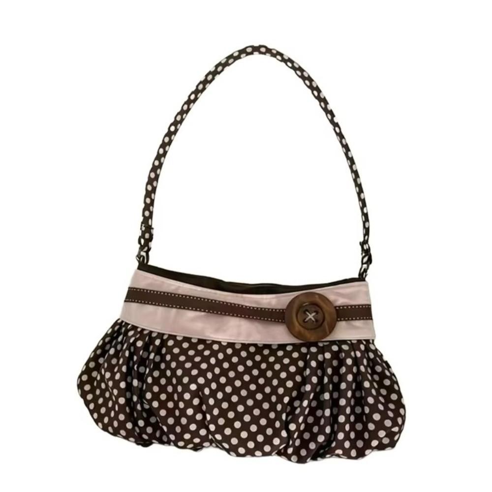 Pleated Design Polka Dot Handbag Wooden Button Decor Polka Dot Korean Handbag Vintage Style Lightweight Large Capacity Tote Bag