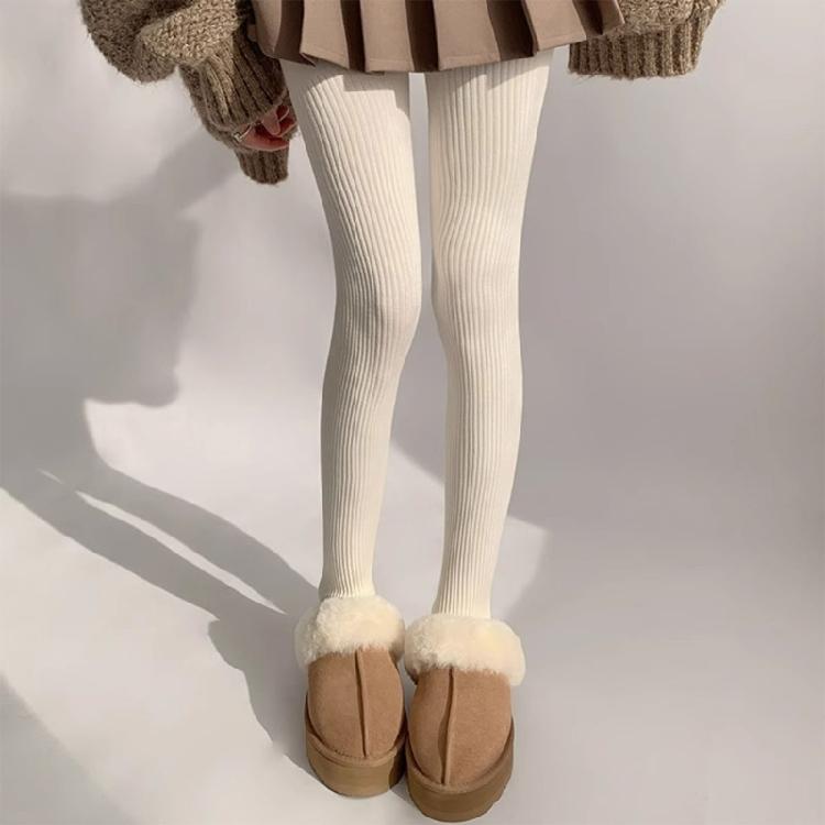 Women Solid Color Thicken Cotton Pantyhose Ribbed Knit Striped Sweater Tights
