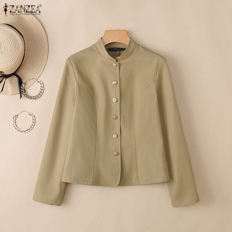 ZANZEA Blusa informal de manga larga con cuello alto y color liso para mujer