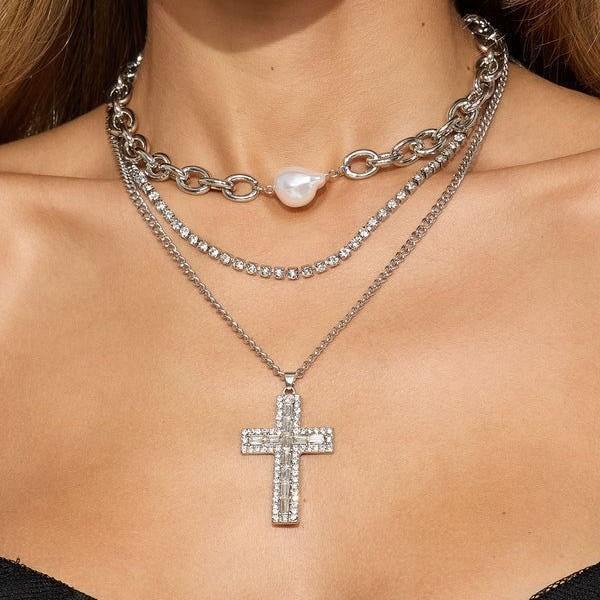 Cross Pendant Necklace For Women With Multilayer Geometric Design In Zinc Alloy For Daily Fashion