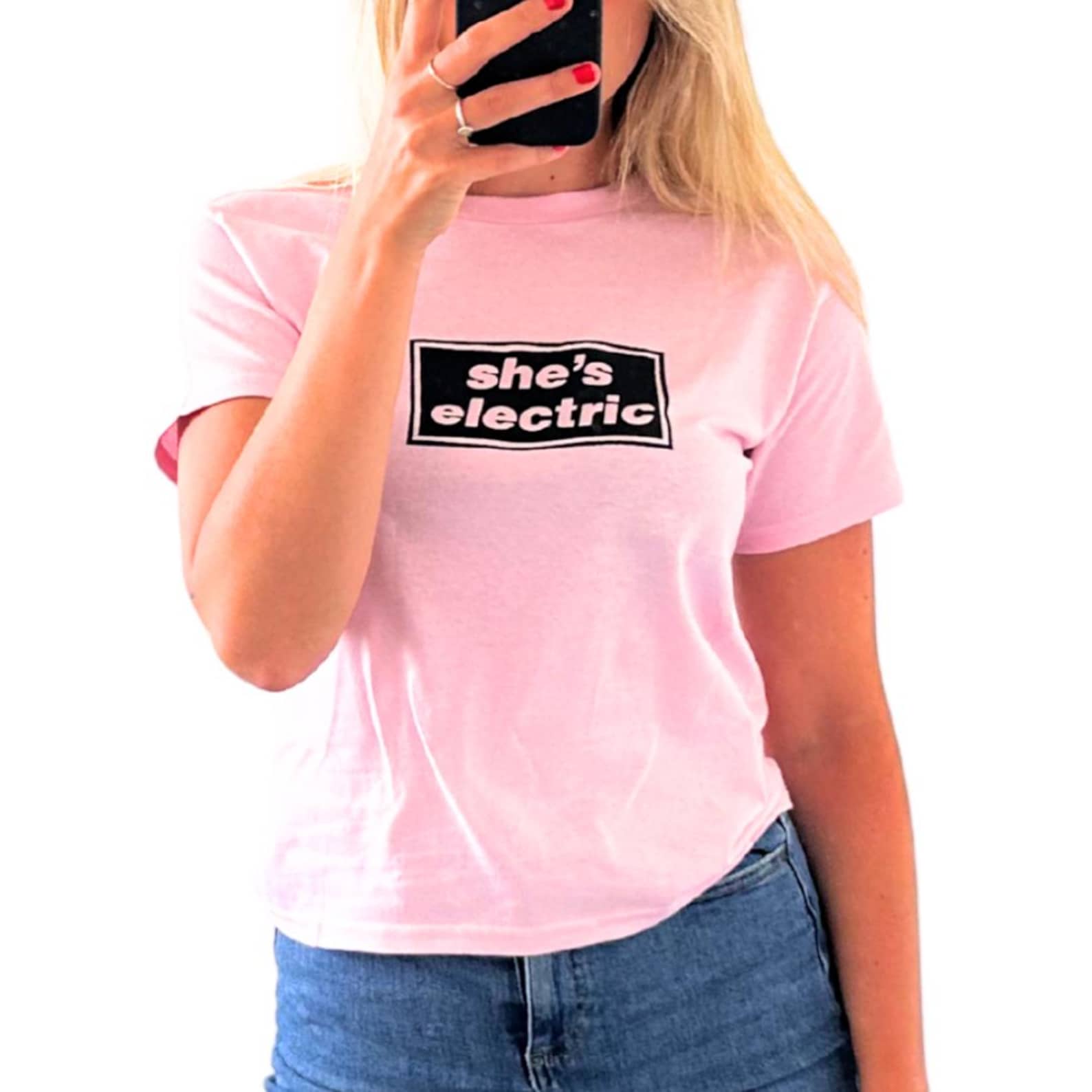 She s Electric Baby Tee - Hand Screen Printed 90s Cropped Shirt L
