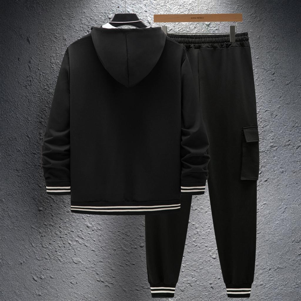 Men's Snap-Button Hooded Baseball Jacket Casual Sports Cardigan Long-Sleeved Workwear Pants Set