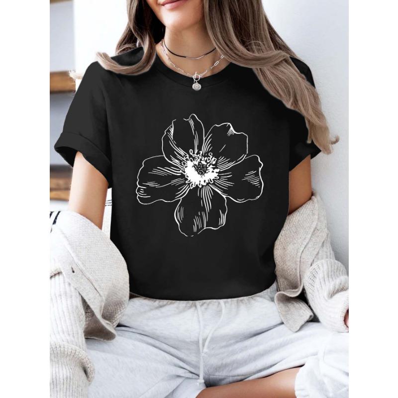 Plus - Size Minimalist Flower Print Tee - Artistic Short - Sleeve Top XL