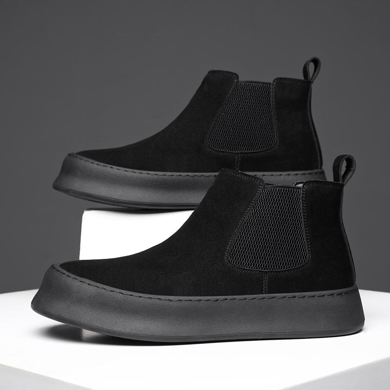 British Style Men Chelsea Boots Casual Leather Ankle Boots Pure Color High Top Shoes Versatile Winter Shoe Warm Plush Snow Botas