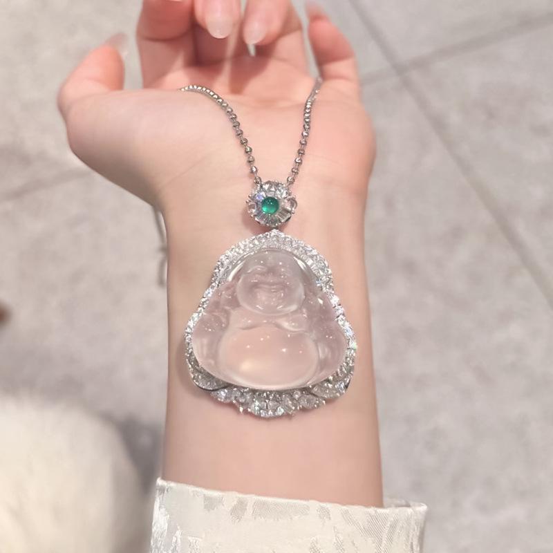 

Luoxi Temple Jewelry 925 Silver Maitreya Pendant with Natural Water Mists Jade and High Ice Chalcedony Necklace, Adjustable. 925 Silver