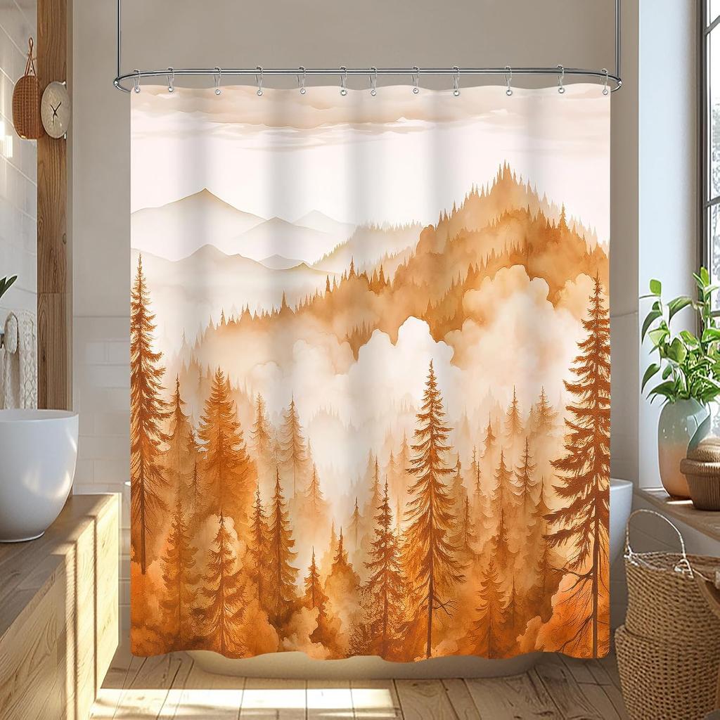 Autumn Forest Shower Curtain Orange Brown Landscape Pine Trees Mist Nature Art Bath Decor Waterproof Fabric Cozy Design Home