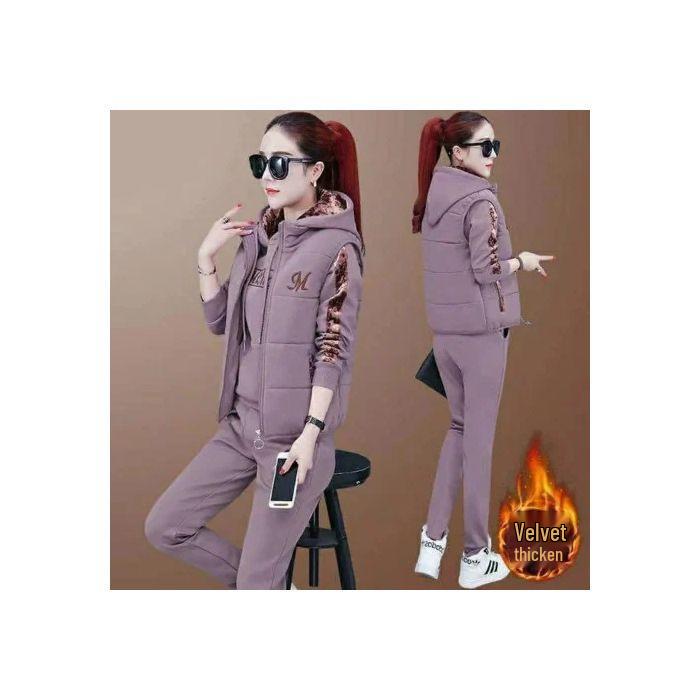 Women's Plus Velvet Thickened Autumn/Winter 2026 Casual Three-Piece Hoodie Suit