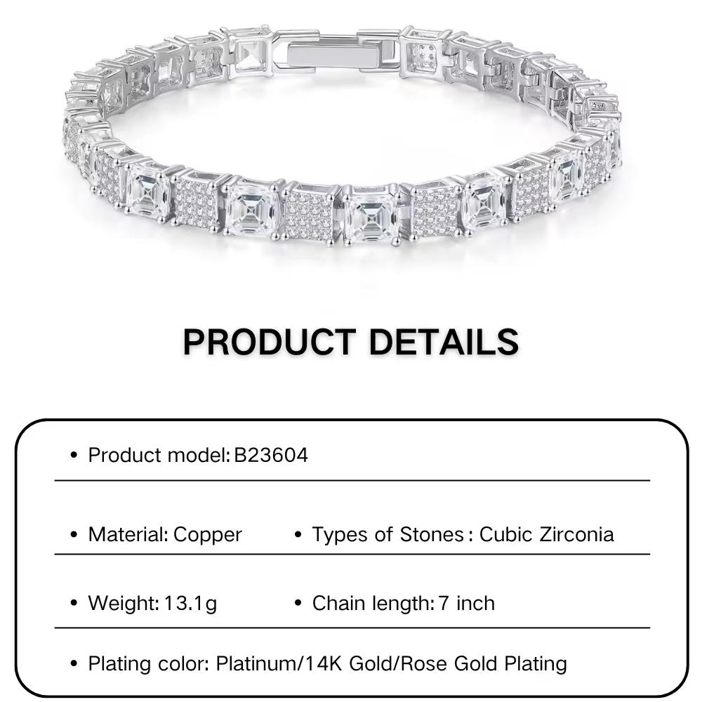Unisex Trendy Classic Square Shaped Tennis Chain Bracelet CZ Rhodium Plated Copper with Cubic Zirconia for Parties