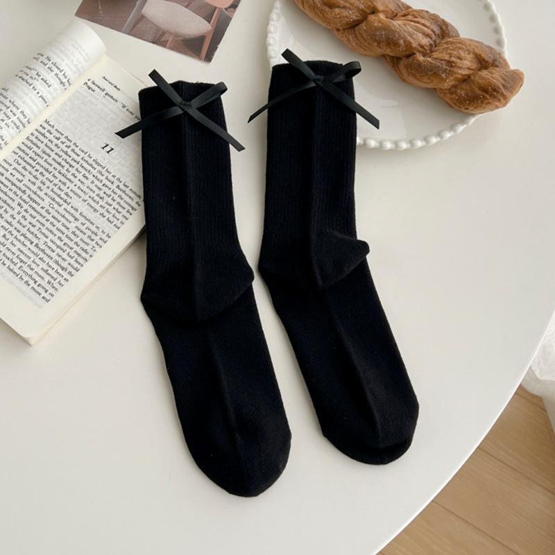 

Season Milk White Socks Medium Tube Socks Bow Versatile Stack Socks Black One size fits all чорний