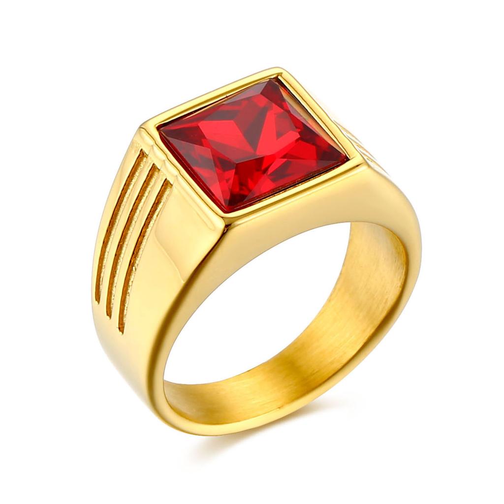 Modischer Trendring mit rotem Edelstein, Titanstahl, Stilvoller Statement-Schmuck