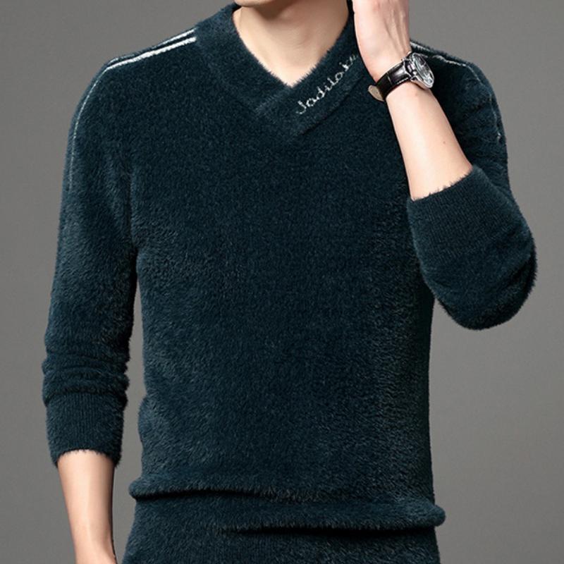

Имитация норки бархат зима новый теплый свитер мужской V-образный вырез ленивый стиль корейский стиль персонализированный нижний свитер тенденция 4XL