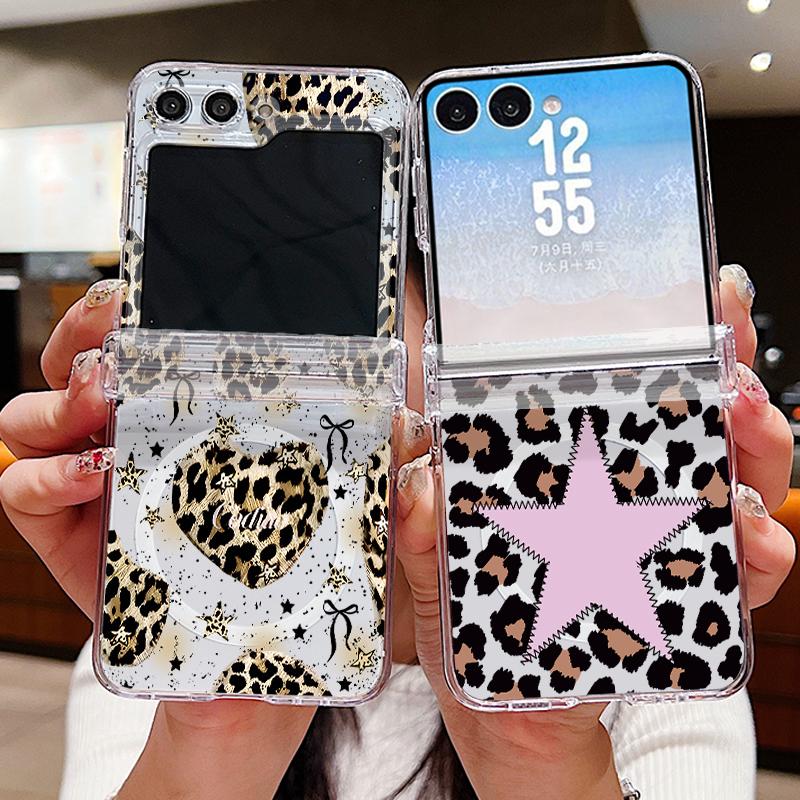 With Hinge Magnetic Phone Case For Samsung Z Flip 8 7 FE 6 5 4 Creative Leopard Print Hard Folding Phone Cover For Galaxy Z Flip8 Flip7 Flip6