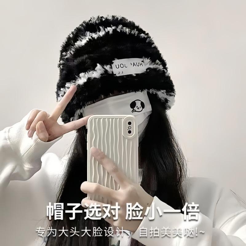 New knitted hat children's winter wool striped plush hat warm thickened large head circumference ear protectors stacking hat