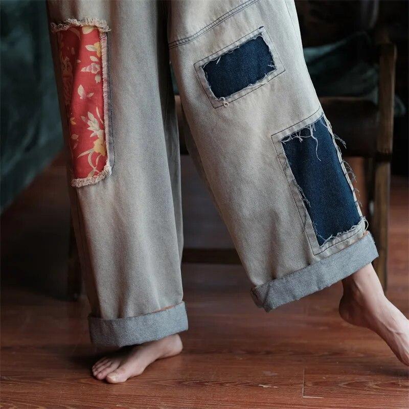 Johnature Pantaloni casual da donna larghi in denim con stampa floreale vintage patchwork da donna