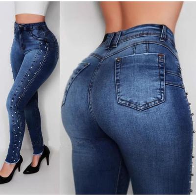 Jeans Woman High Waist Slim Skinny Elastic Denim Trousers Female Vintage Blue Beading Push Up Pencil Jeans