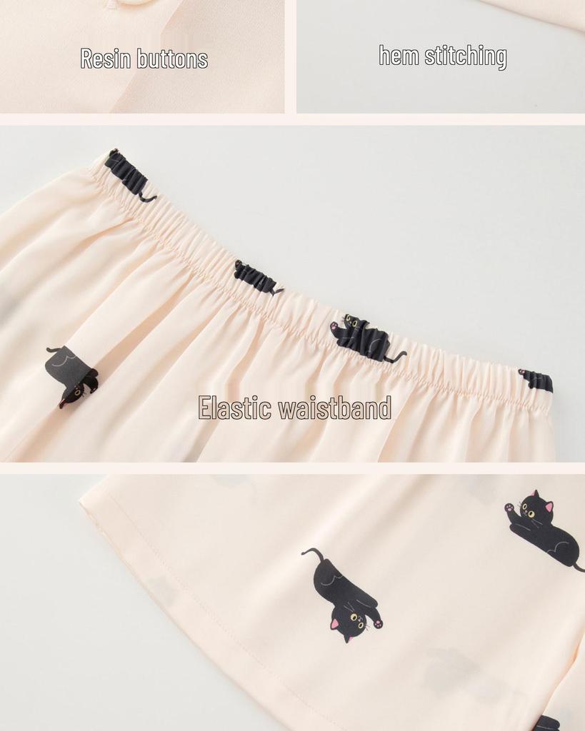 Women's Ice Silk Pajama Set, Short Sleeve Cat Design, Indoor/Outdoor Wear