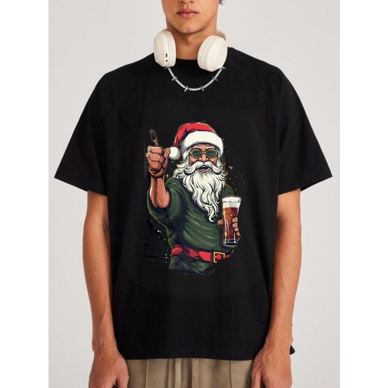T-shirt Père Noël de Noël Noir Hipster Père Noël Tenant Bière et Microphone Imprimé Décontracté Vêtement de Fête de Vacances pour Hommes