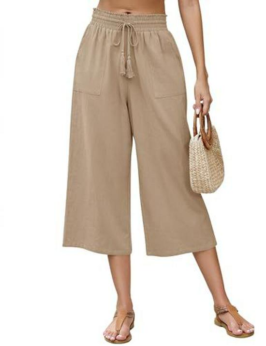 

TK Women s Linen Wide-Leg Seven-Point Casual Beach Pants with Pockets L
