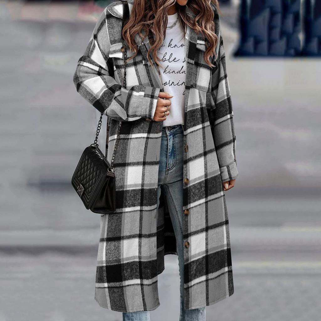 Women's Fashionable Oversized Long-Sleeve Collared Plaid Trench Coat With Patch Pockets