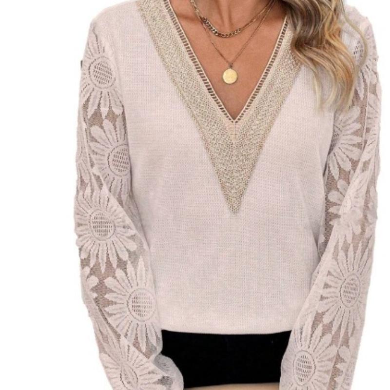 Fashion Long Sleeve V-neck Patchwork White Blouse Women Lace See Through Casual Shirts Women Tops Elegant Solid Vintage Shirt Female Clothing 26210