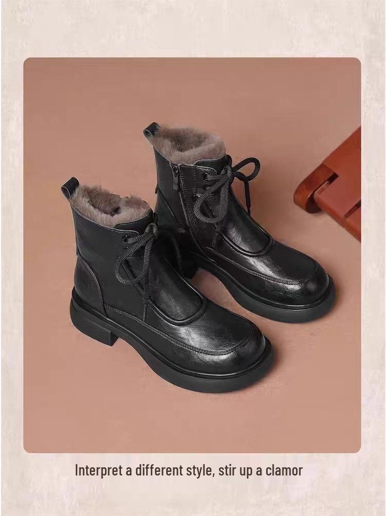 Women's Winter Thick-Soled Martin Boots – British Style, Fleece-Lined, Lace-Up Ankle Boots for Warmth in Snow, Available in Black and Brown.