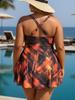 Costume da Bagno Tankini Floreale Taglie Forti Europeo e Americano con Gonna e Pantaloncini da Surf per Donna - Rosso/Nero