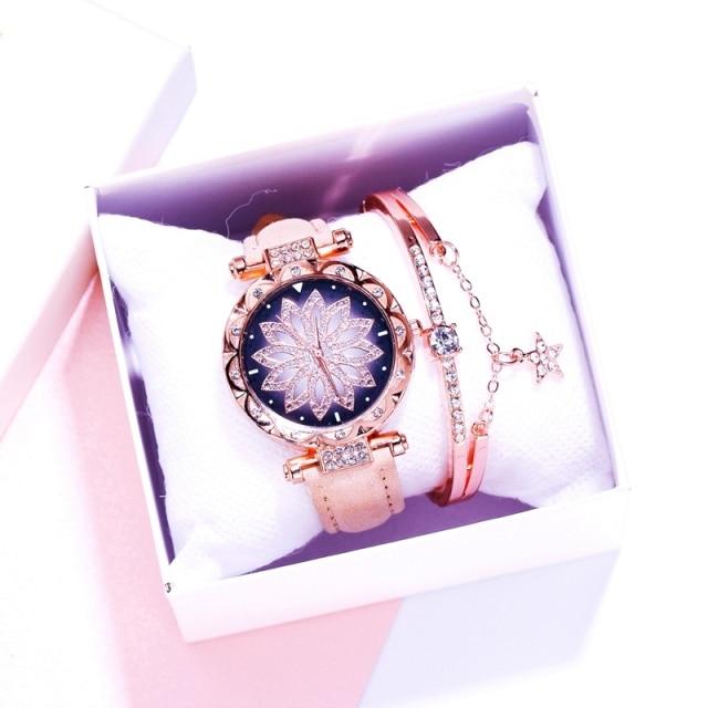 Women Watches Wrist Bracelet Set Starry Sky Ladies Wrist Bracelet Watch Casual Leather Quartz Wristwatch Clock Relogio FemininoCasual Bracelets